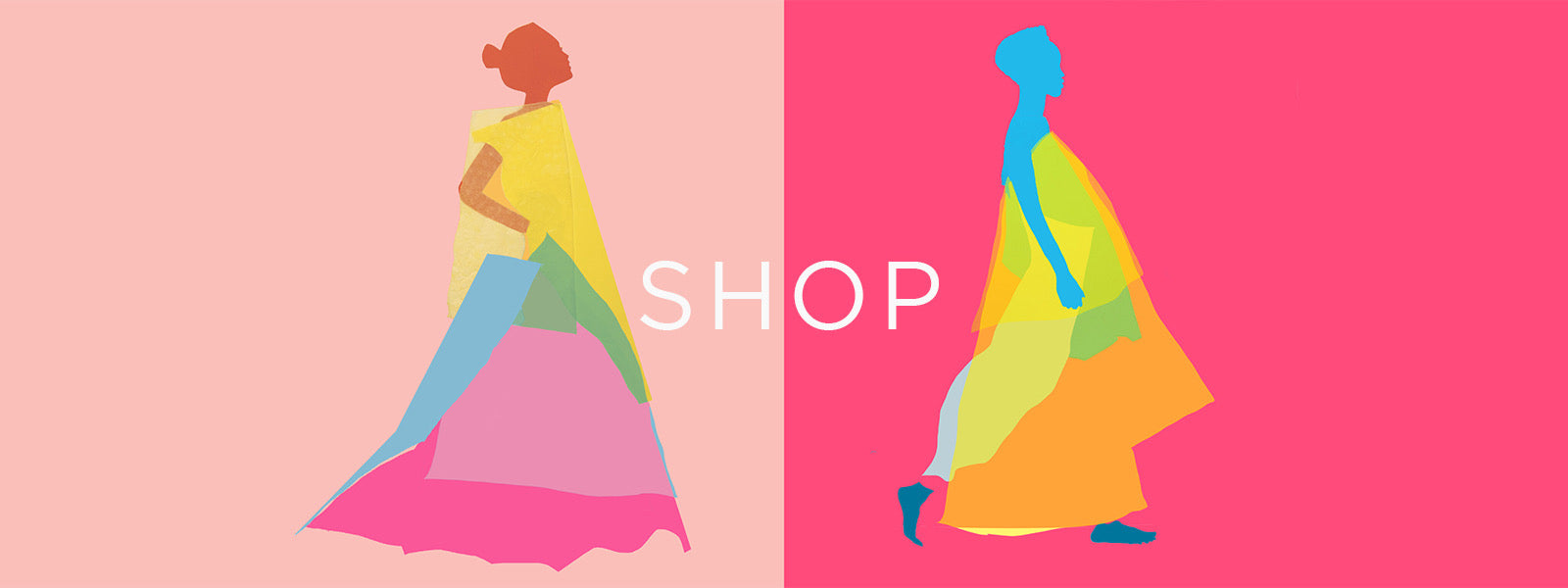 Illustration of two people in colorful outfits with the word 'SHOP' on a pink background.